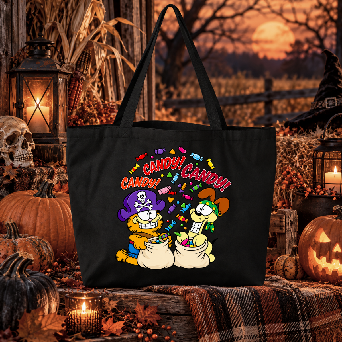 black canvas tote bag with a halloween graphic of garfield cat cartoon with bags full of candy in costumes
