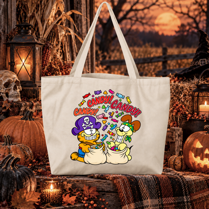 beige canvas tote bag with a halloween graphic of garfield cat cartoon with bags full of candy in costumes