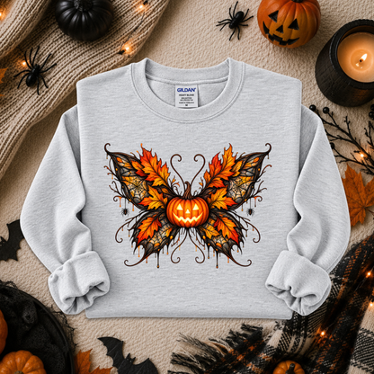 ash gray sweatshirt with a fall autumn halloween pumpkin theme graphic on it