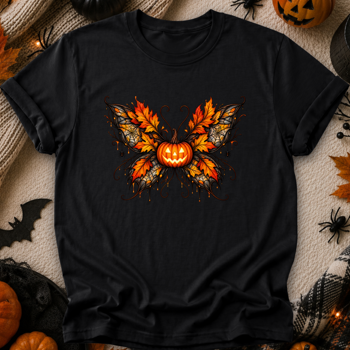 A black short-sleeve t-shirt with a Halloween-themed butterfly graphic made of orange and yellow autumn leaves surrounding a carved jack-o'-lantern, displayed on a cozy beige blanket with seasonal props like pumpkins, spider decorations, and a black bat silhouette.