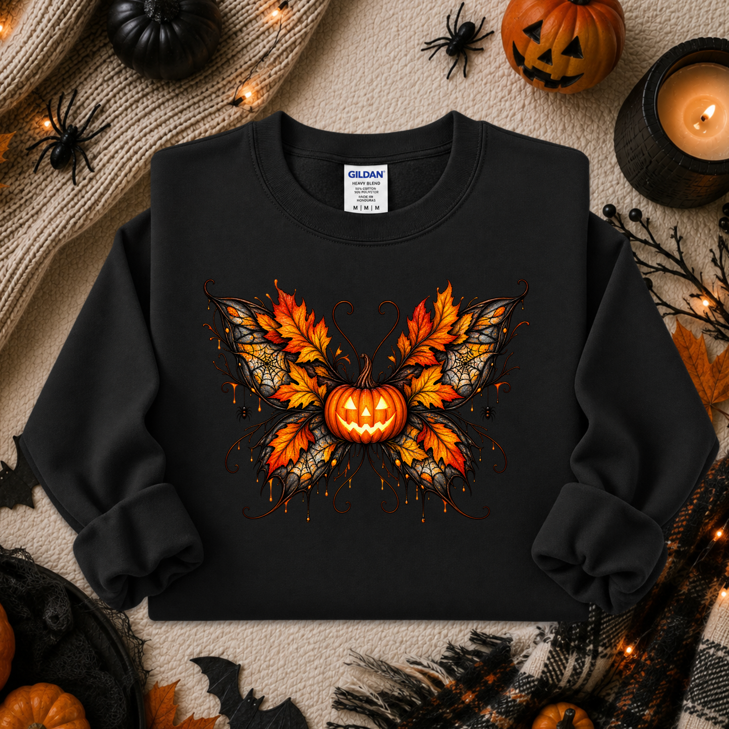 black sweatshirt with a fall autumn halloween pumpkin theme graphic on it