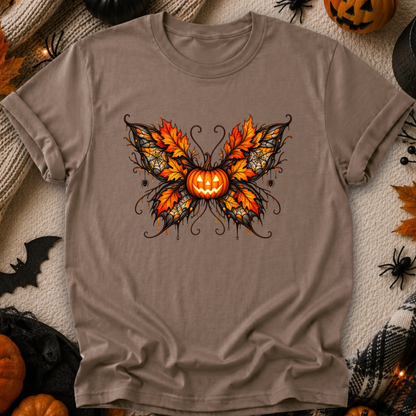 brown tshirt with a fall autumn halloween pumpkin theme graphic on it