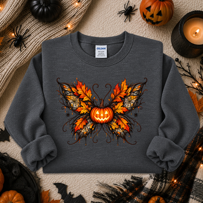 dark gray sweatshirt with a fall autumn halloween pumpkin theme graphic on it