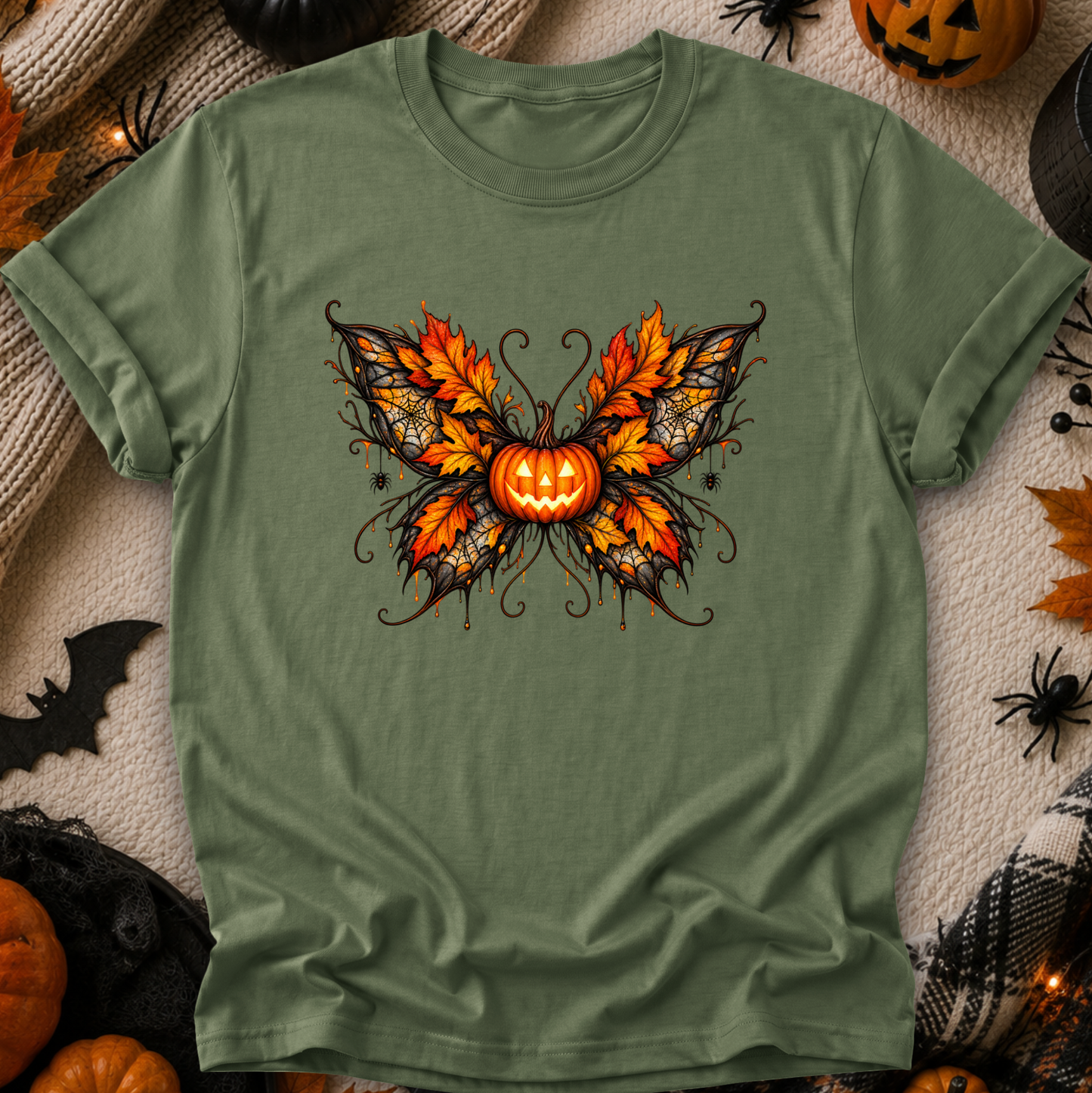 green tshirt with a fall autumn halloween pumpkin theme graphic on it