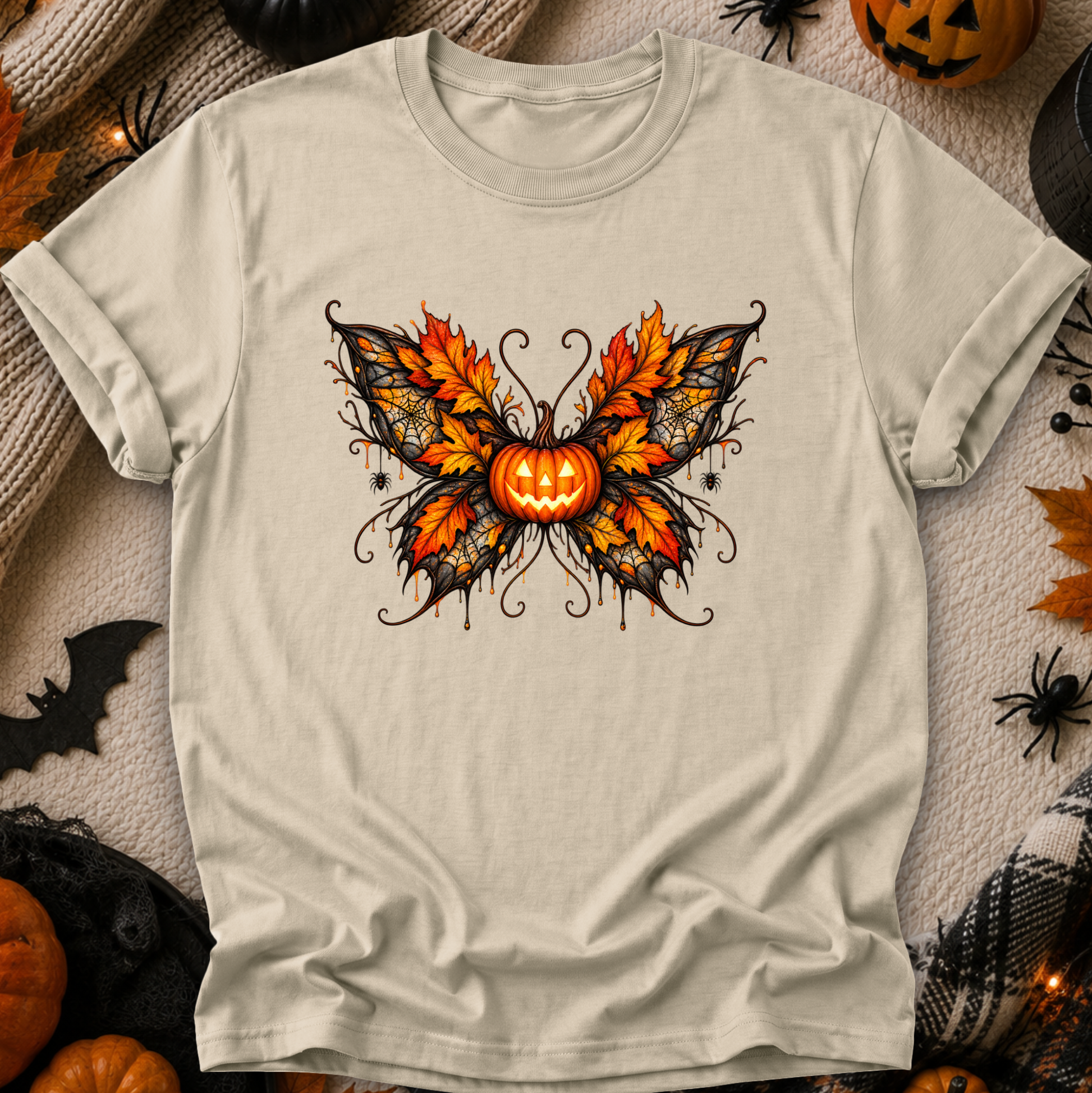 beige tshirt with a fall autumn halloween pumpkin theme graphic on it