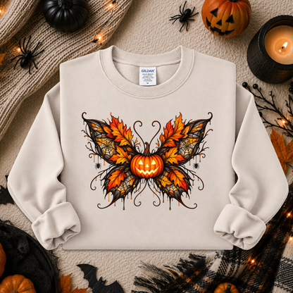 beige sweatshirt with a fall autumn halloween pumpkin theme graphic on it