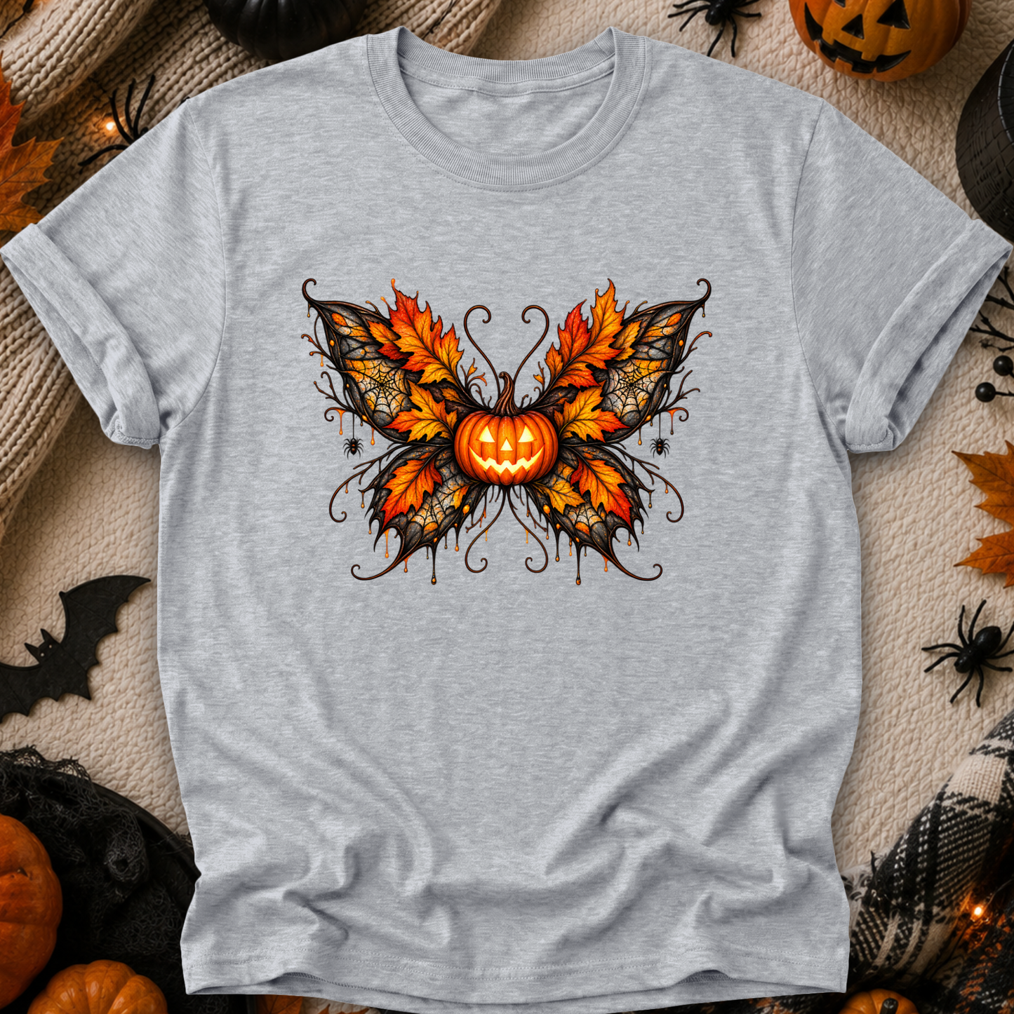 gray tshirt with a fall autumn halloween pumpkin theme graphic on it