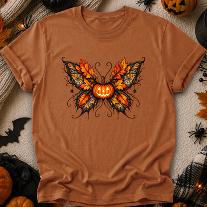 orange tshirt with a fall autumn halloween pumpkin theme graphic on it