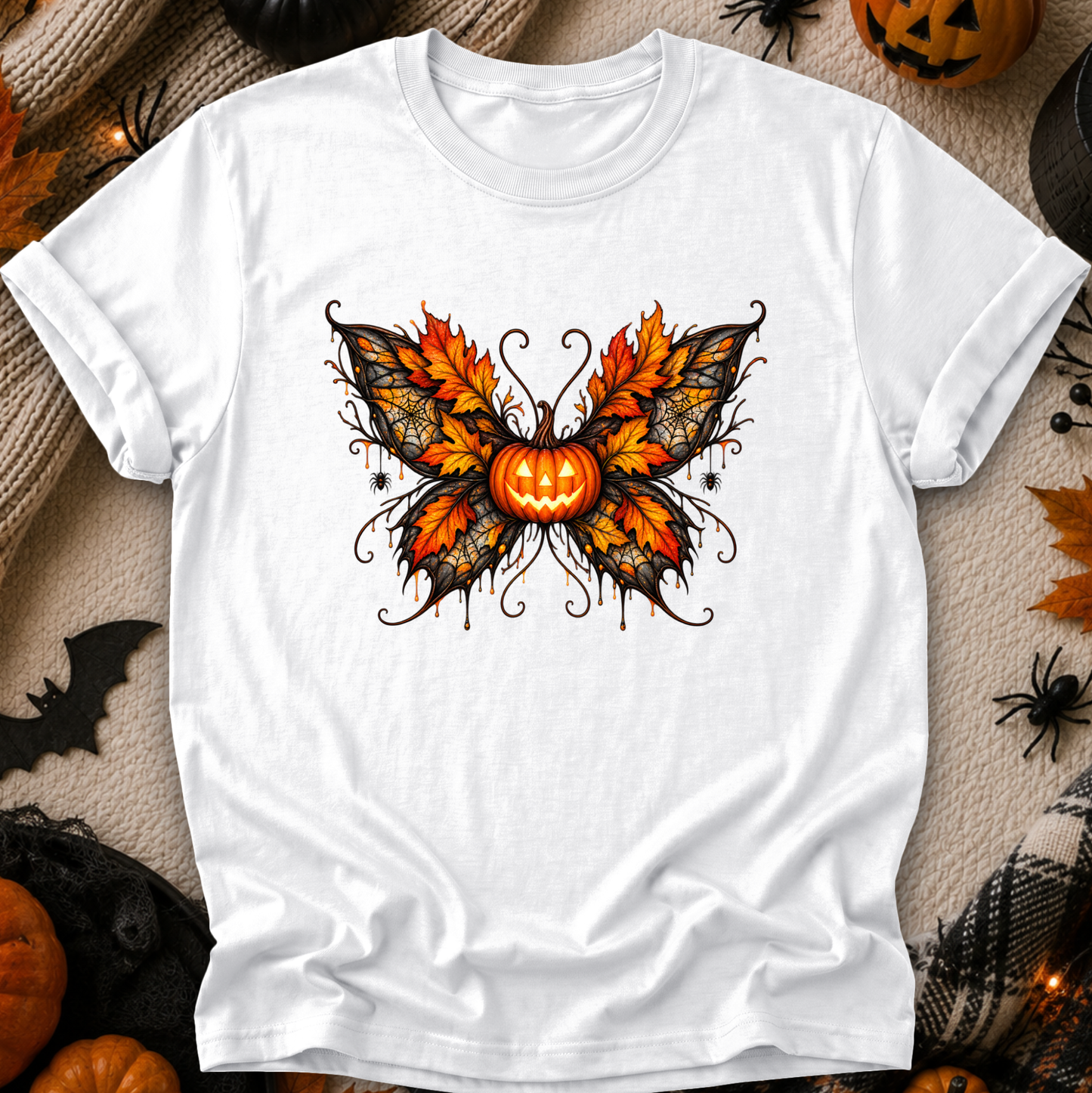 white tshirt with a fall autumn halloween pumpkin theme graphic on it