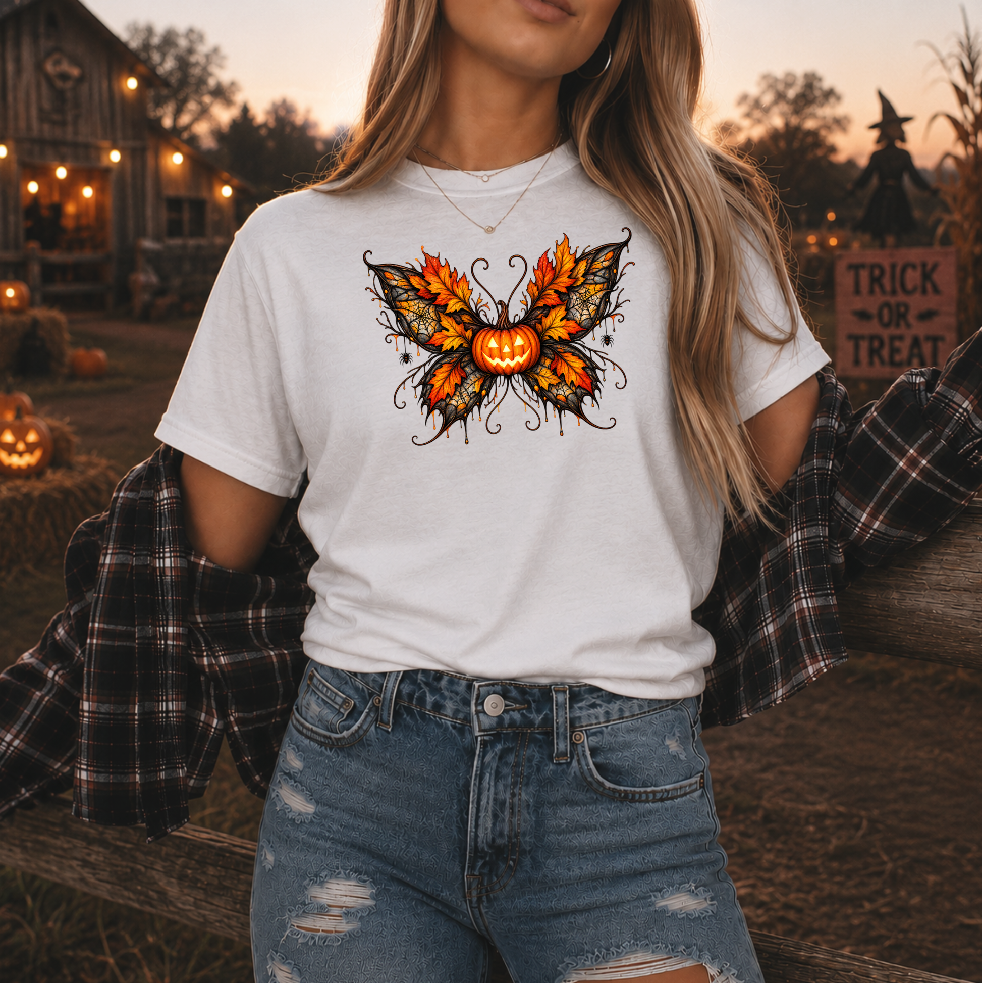 woman wearing a white tshirt with a fall autumn halloween pumpkin theme graphic on it