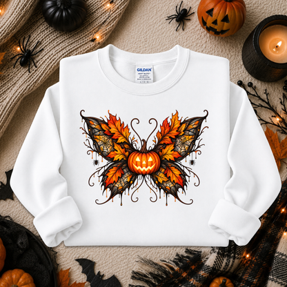 white sweatshirt with a fall autumn halloween pumpkin theme graphic on it