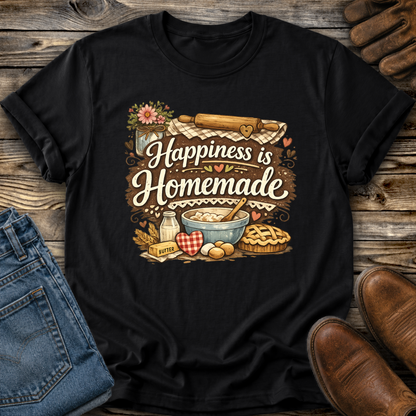 black tshirt with a baking graphic design that says happiness is homemade on it