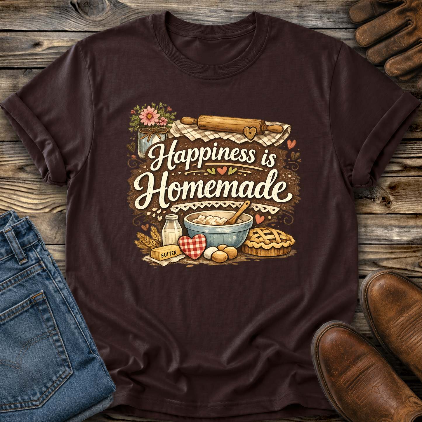 brown tshirt with a baking graphic design that says happiness is homemade on it
