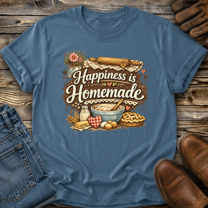 blue tshirt with a baking graphic design that says happiness is homemade on it