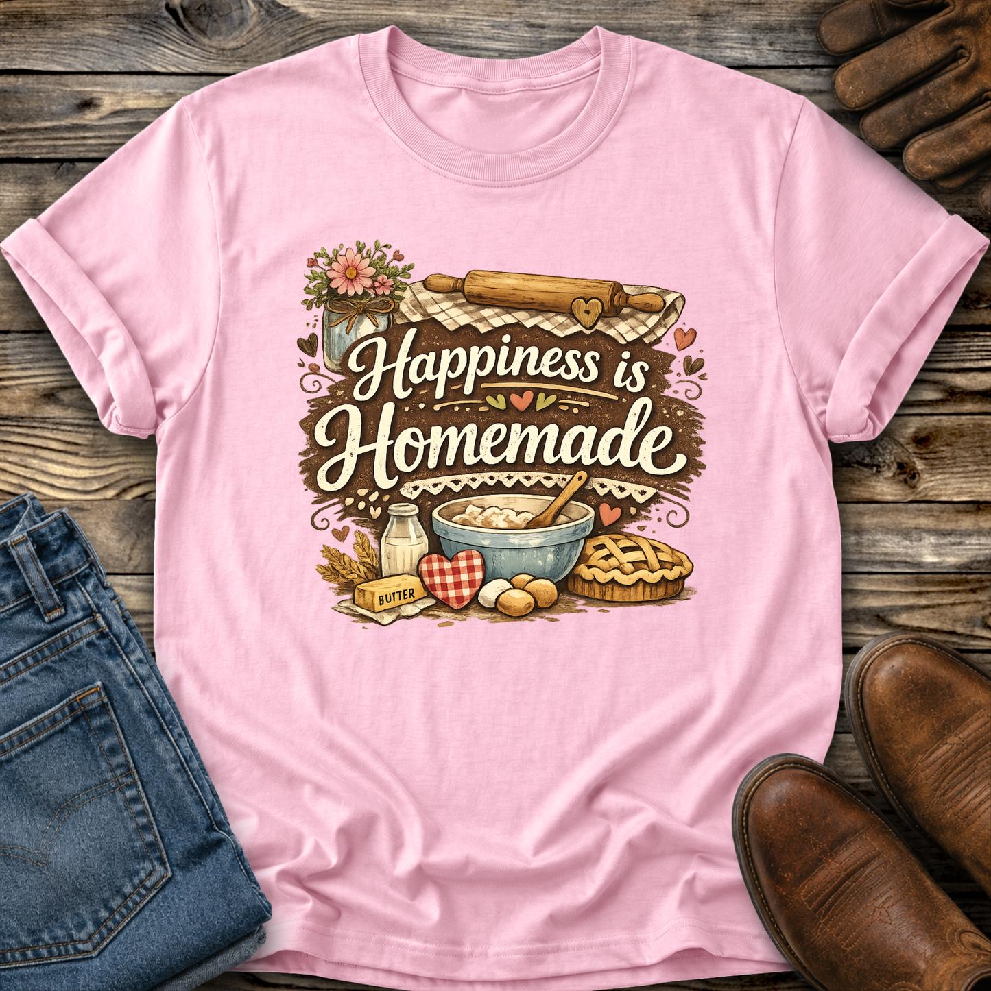 pink tshirt with a baking graphic design that says happiness is homemade on it