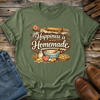 green tshirt with a baking graphic design that says happiness is homemade on it