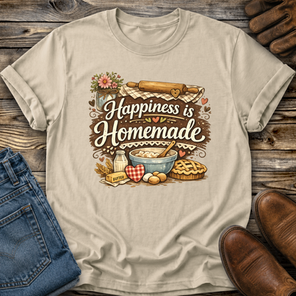 beige tshirt with a baking graphic design that says happiness is homemade on it