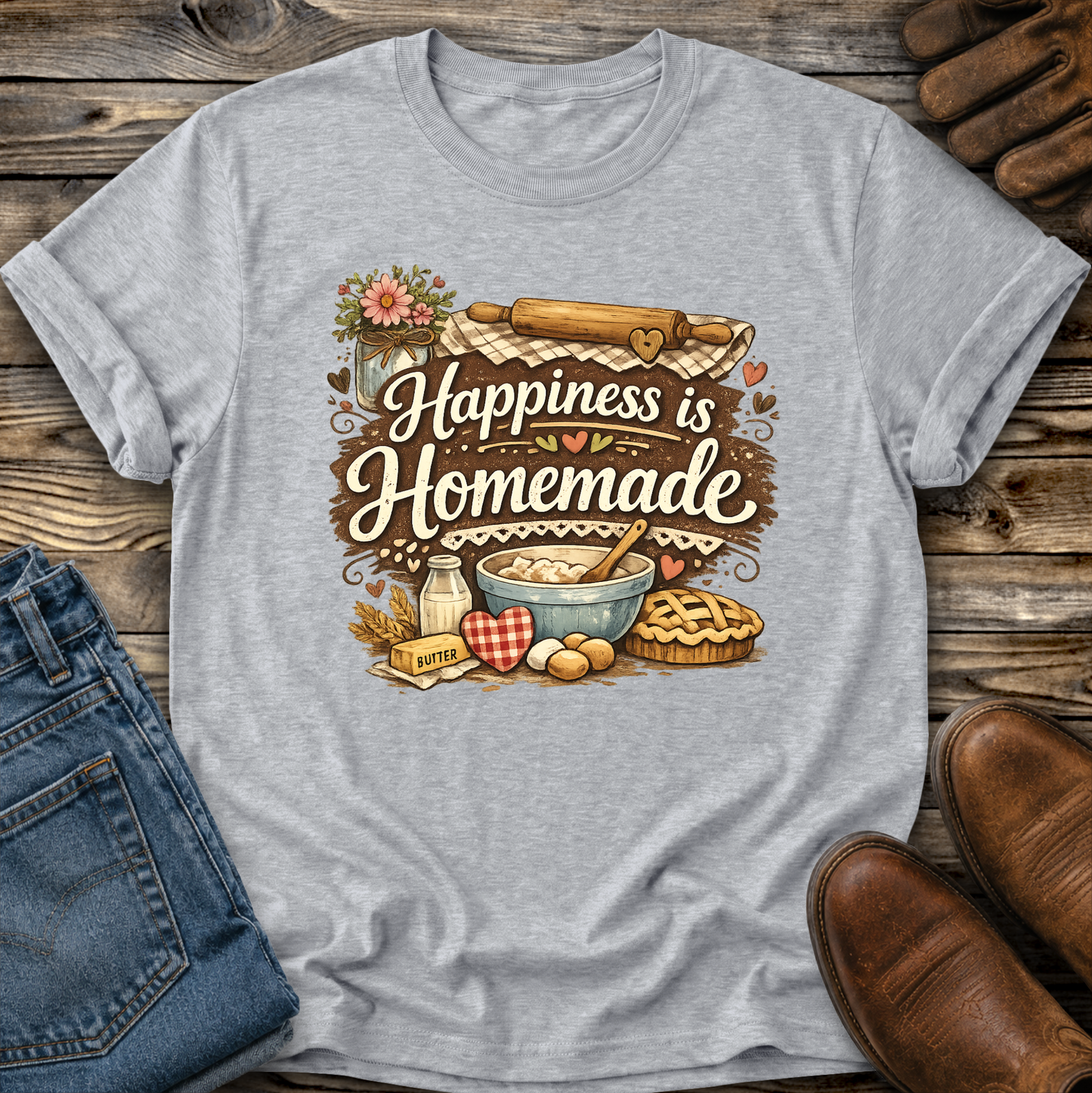 gray tshirt with a baking graphic design that says happiness is homemade on it