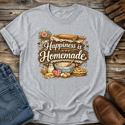 gray tshirt with a baking graphic design that says happiness is homemade on it