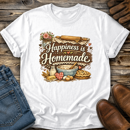 white tshirt with a baking graphic design that says happiness is homemade on it