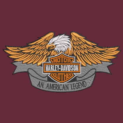 Harley-Davidson embroidered patch featuring a bald eagle with spread wings above the classic Harley-Davidson Motor CLOTHES shield, with a gray banner reading 'AN AMERICAN LEGEND' on a dark maroon background.