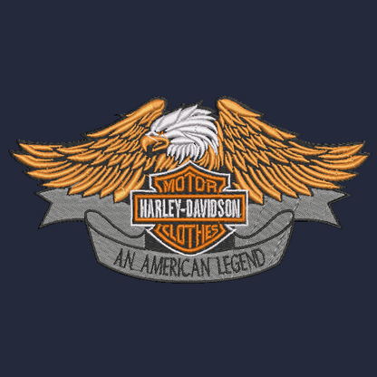 Harley-Davidson embroidered patch featuring an eagle with spread wings above the classic Harley-Davidson bar and shield, with a gray banner reading 'An American Legend' on a dark navy background.