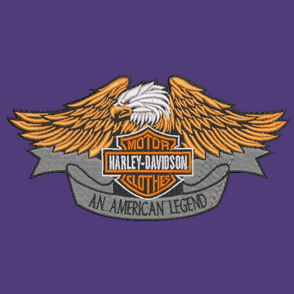 An embroidered patch featuring a bald eagle with spread wings over a Harley-Davidson logo and banner reading 'An American Legend' on a solid purple background.