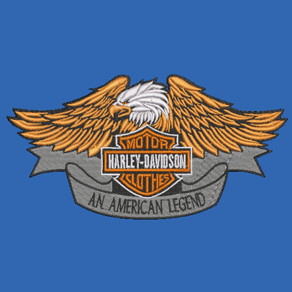 Harley-Davidson embroidered patch featuring an eagle with spread wings above the classic Harley-Davidson logo, with a gray banner reading 'An American Legend' on a solid blue background.