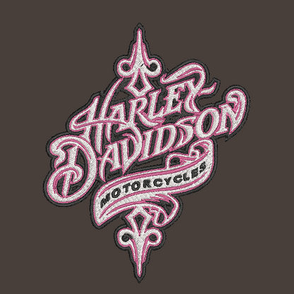 Harley-Davidson Motorcycles embroidered patch design in pink and white with black outlines, centered on a dark brown background.