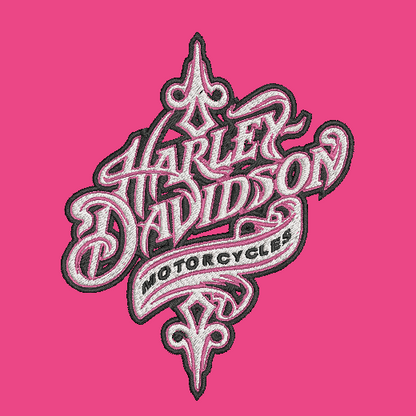 Harley-Davidson Motorcycles embroidered patch in a stylized script font, featuring pink, white, and black colors on a solid pink background.