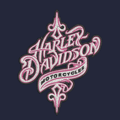 Harley-Davidson Motorcycles embroidered patch in pink and white with black outlines, shown on a dark navy background.