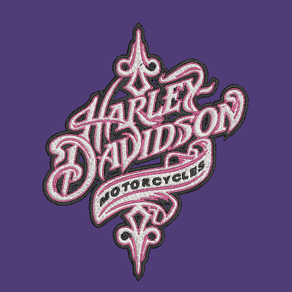 Harley-Davidson Motorcycles embroidered patch in pink, white, and black on a solid purple background.