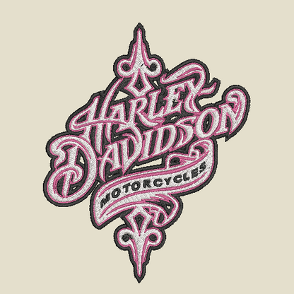 An embroidered patch featuring the Harley-Davidson Motorcycles logo in stylized pink lettering with a black outline on a light beige background.