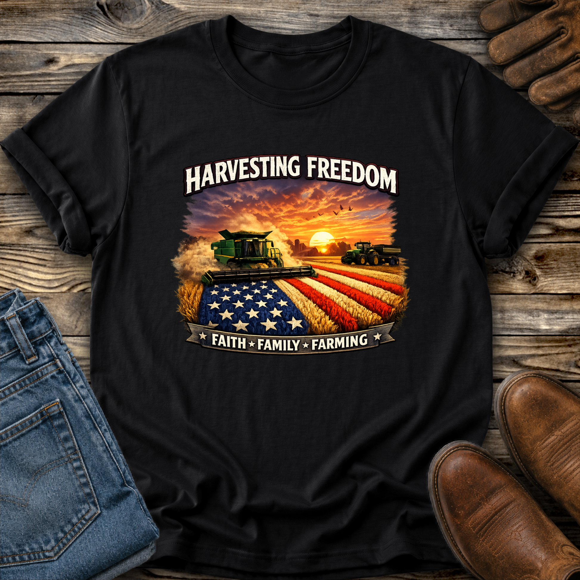 black tshirt with combine harvesting freedom crops graphic design
