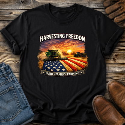 black tshirt with combine harvesting freedom crops graphic design