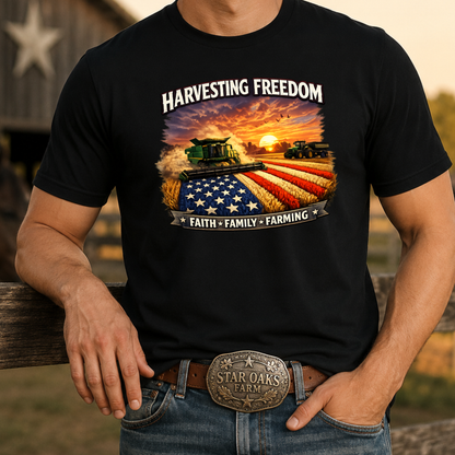 man wearing black tshirt with combine harvesting freedom crops graphic design
