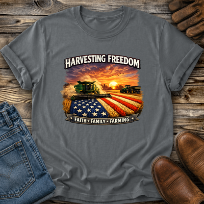 gray tshirt with combine harvesting freedom crops graphic design