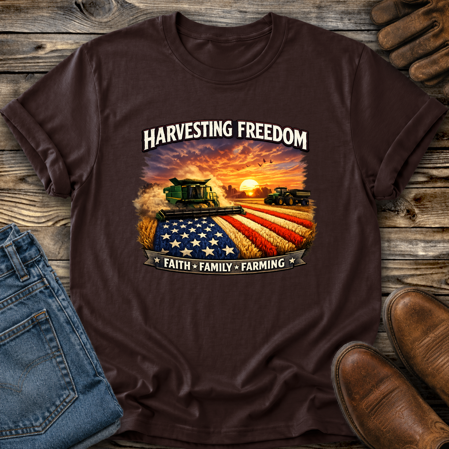brown tshirt with combine harvesting freedom crops graphic design