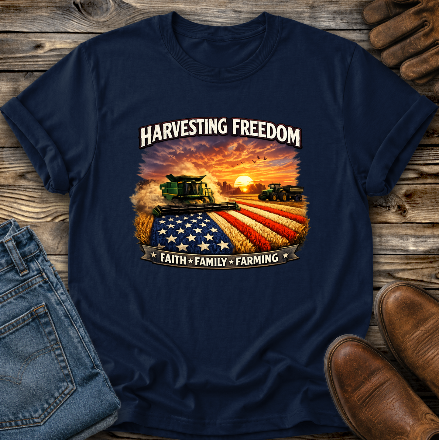 navy tshirt with combine harvesting freedom crops graphic design