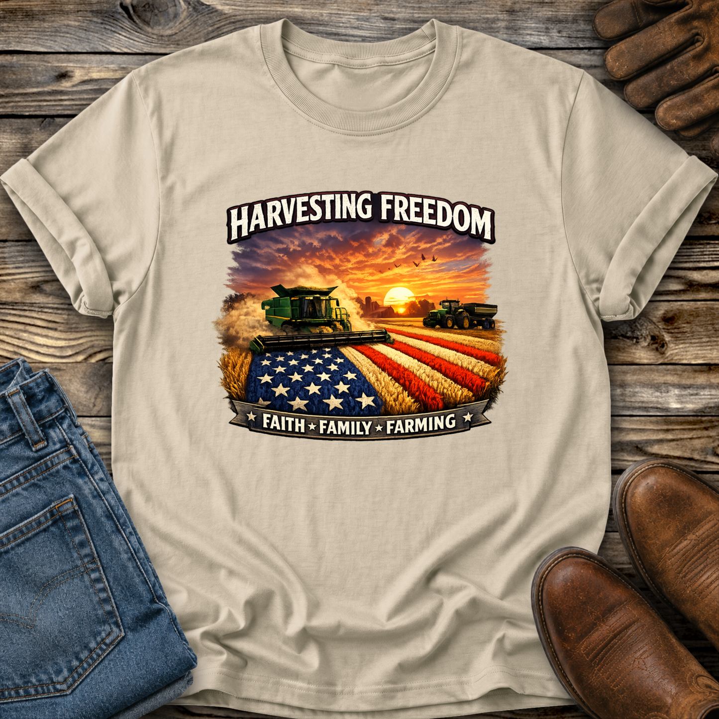 beige tshirt with combine harvesting freedom crops graphic design