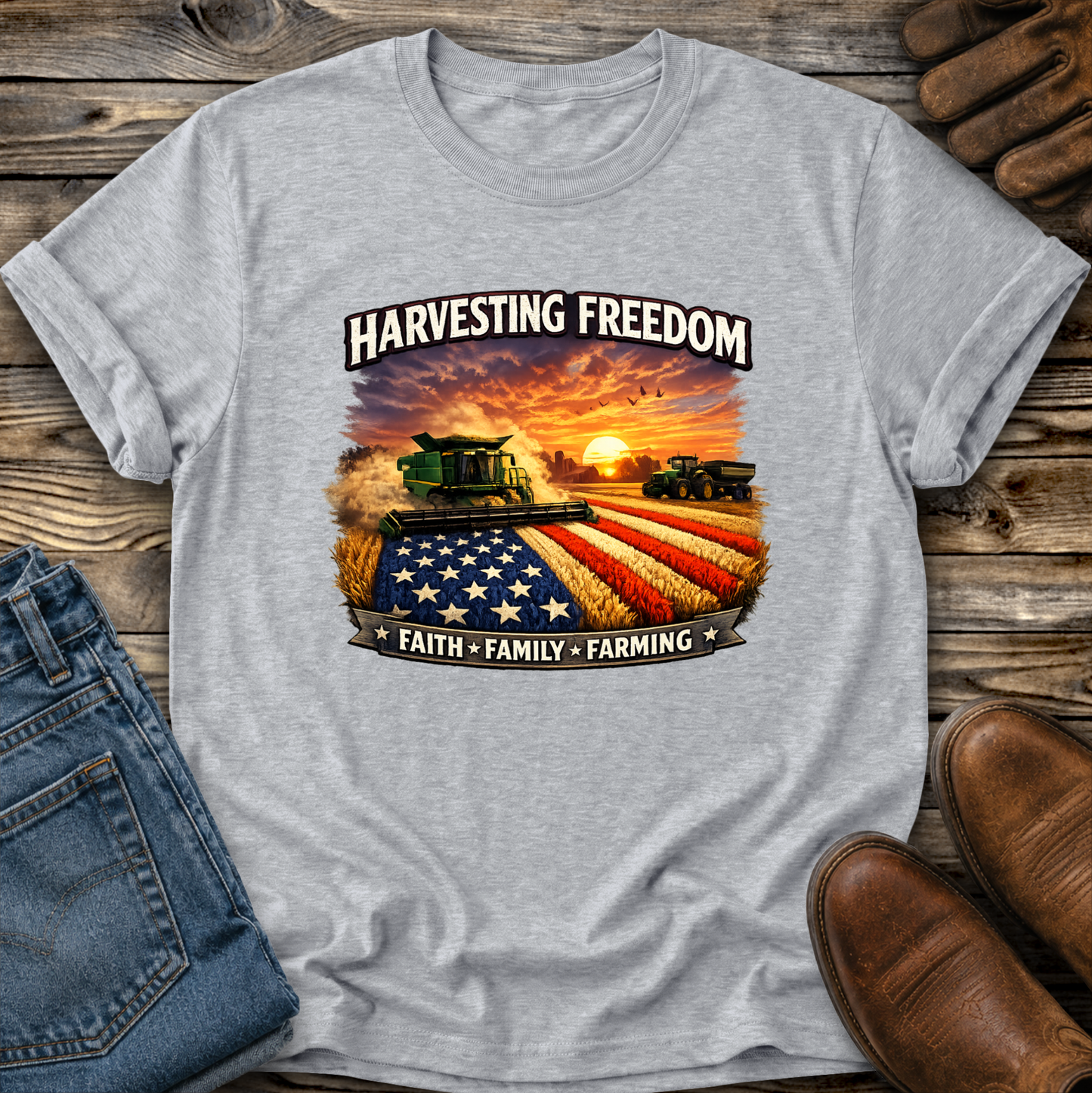 gray tshirt with combine harvesting freedom crops graphic design