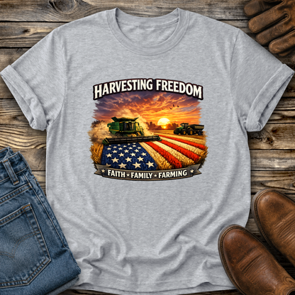 gray tshirt with combine harvesting freedom crops graphic design