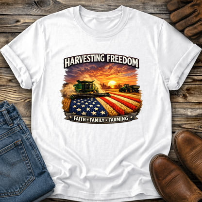 white tshirt with combine harvesting freedom crops graphic design