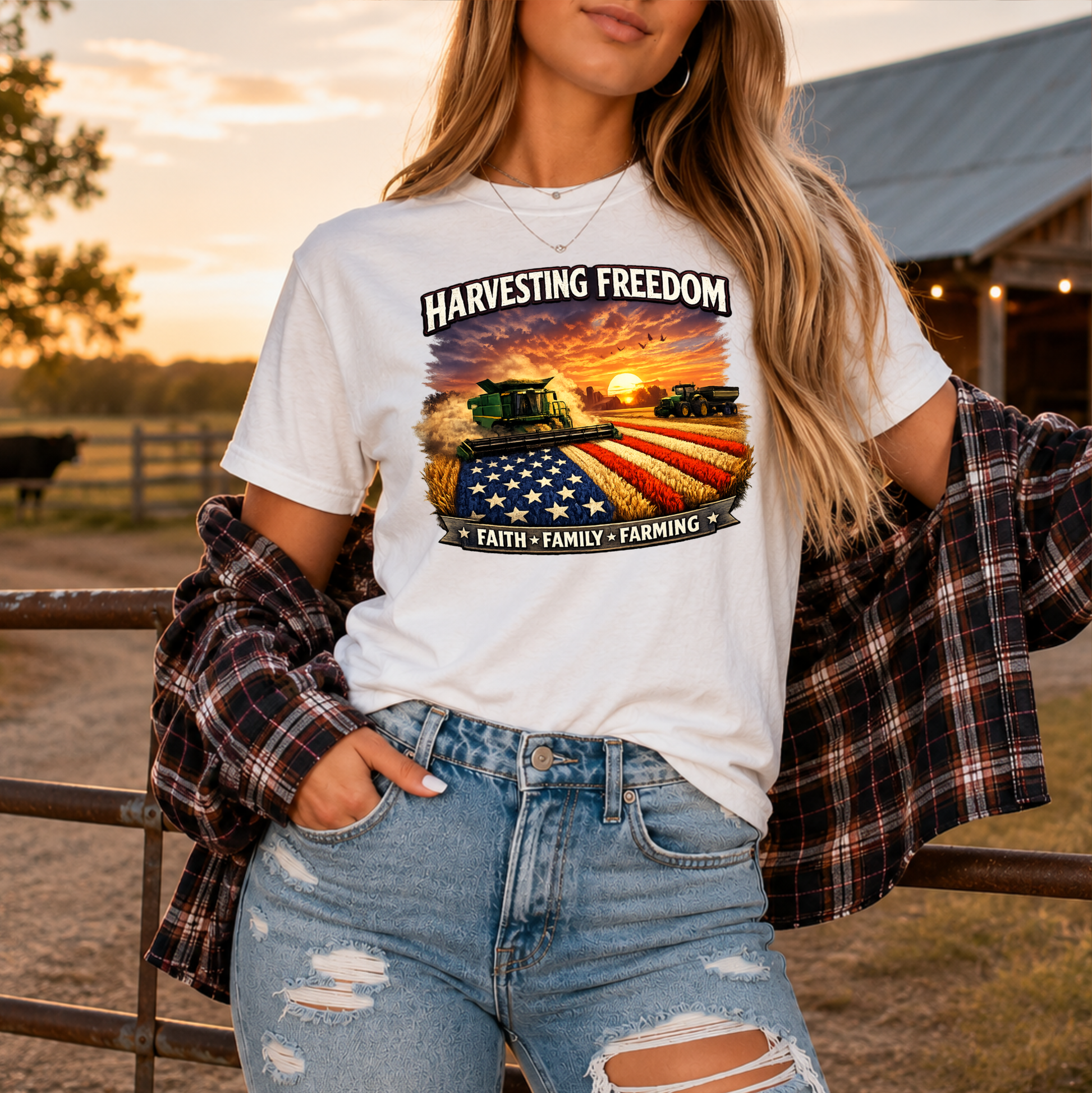 woman wearing white  tshirt with combine harvesting freedom crops graphic design