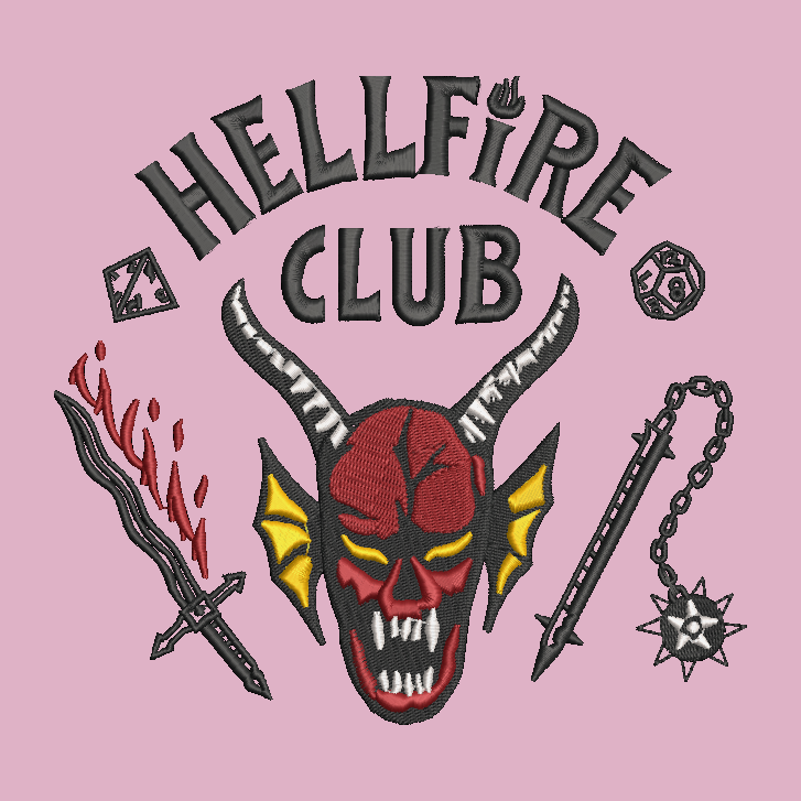 A pink square graphic featuring the embroidered-style text 'HELLFIRE CLUB' above a red horned skull, with a black sword, red flames, a black dagger with a spiked ball, and a black polyhedral die icon.