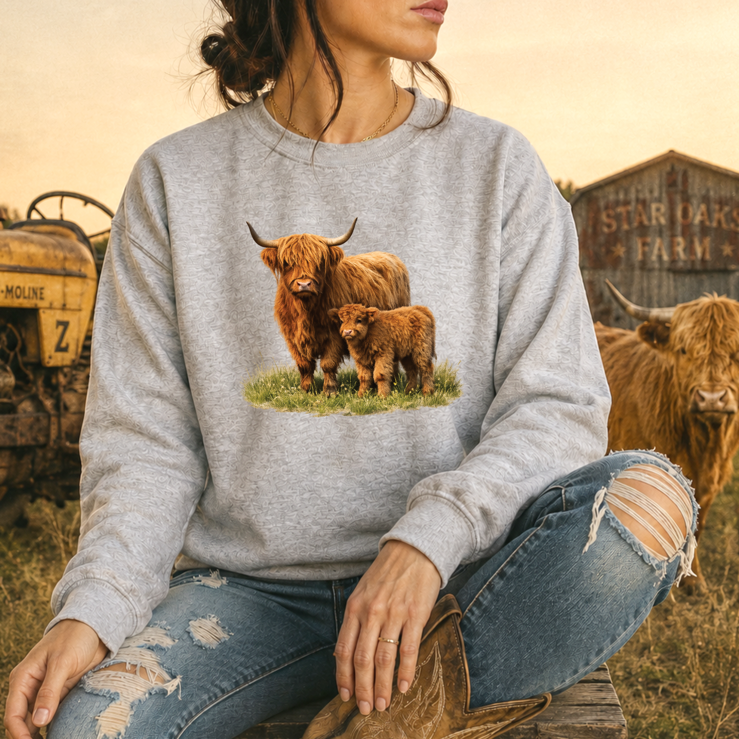 woman wearing a gray sweatshirt with a watercolor scottish highland cow and calf graphic design
