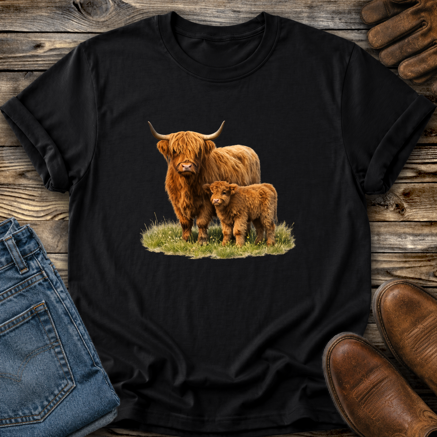 black tshirt with a watercolor scottish highland cow and calf graphic design