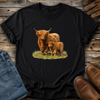 black tshirt with a watercolor scottish highland cow and calf graphic design