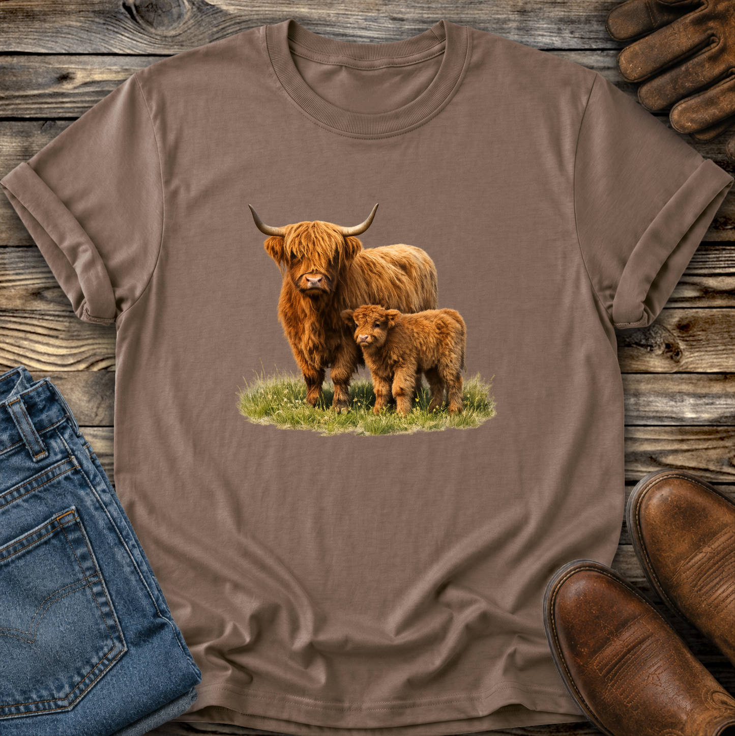 brown tshirt with a watercolor scottish highland cow and calf graphic design