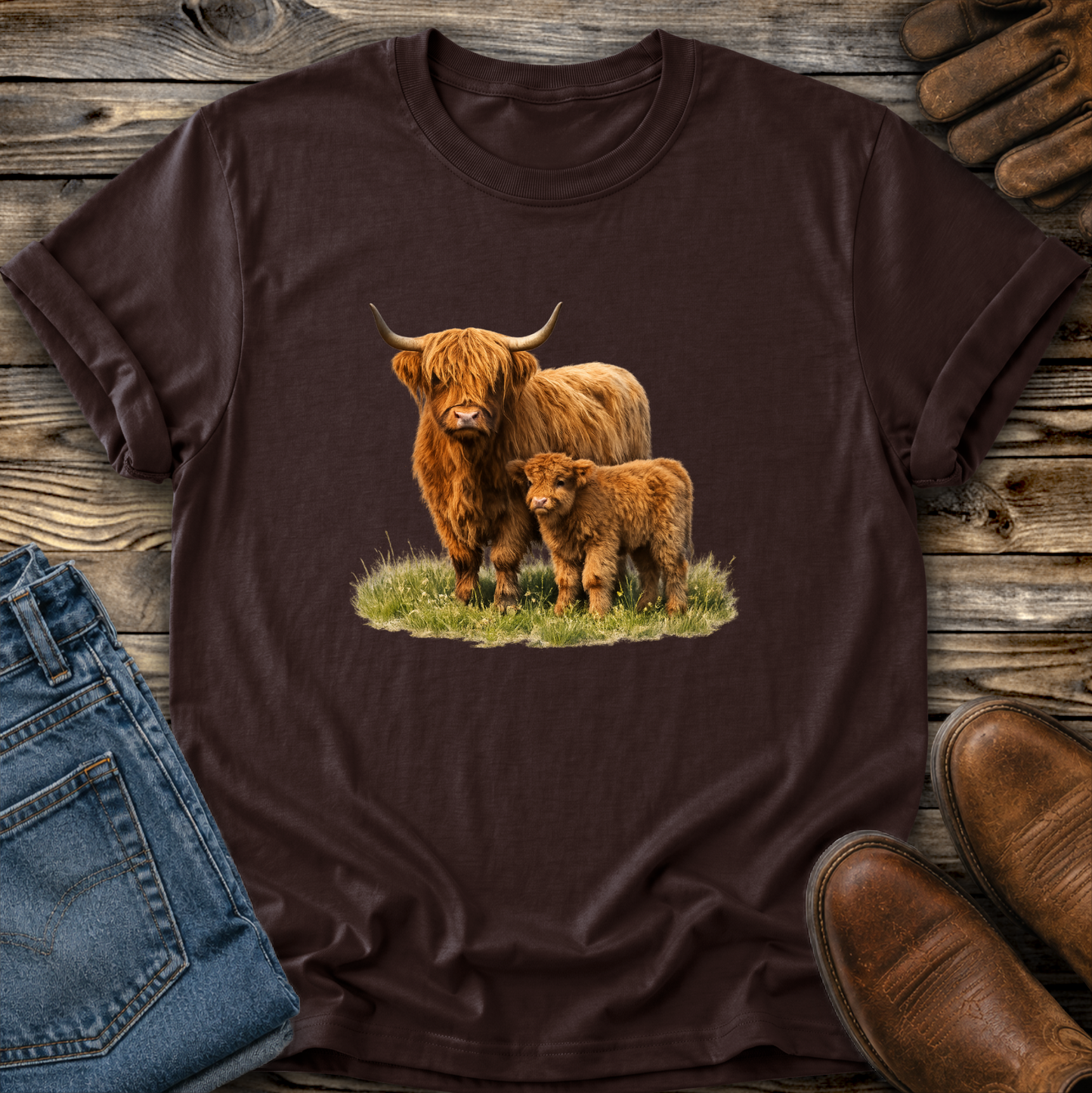 dark brown tshirt with a watercolor scottish highland cow and calf graphic design